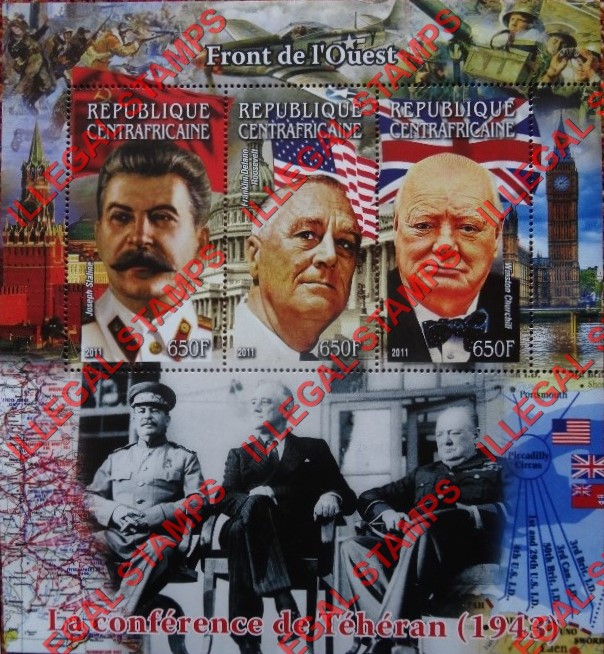 Central African Republic 2011 Tehran Conference in World War II Illegal Stamp Souvenir Sheet of 4 Central African Republic 2011 Tehran Conference in World War II Illegal Stamp Souvenir Sheet of 4