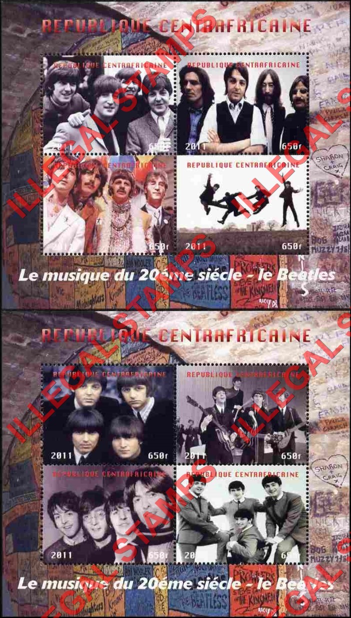Central African Republic 2011 The Beatles Illegal Stamp Souvenir Sheets of 4 Central African Republic 2011 The Beatles Illegal Stamp Souvenir Sheets of 4