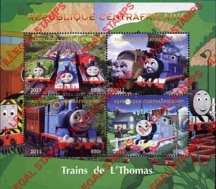 Central African Republic 2011 Thomas the Tank Engine Cartoon Trains Illegal Stamp Souvenir Sheet of 4 Central African Republic 2011 Thomas the Tank Engine Cartoon Trains Illegal Stamp Souvenir Sheet of 4