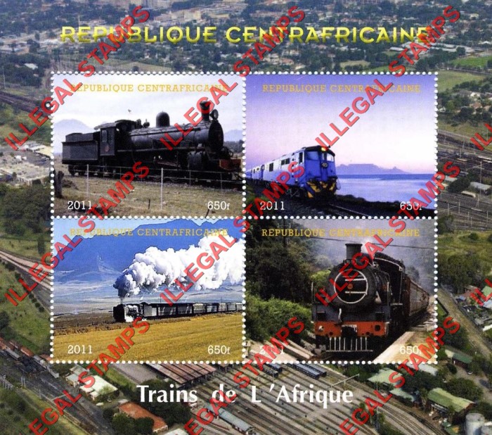 Central African Republic 2011 Trains of Africa Illegal Stamp Souvenir Sheet of 4 Central African Republic 2011 Trains of Africa Illegal Stamp Souvenir Sheet of 4
