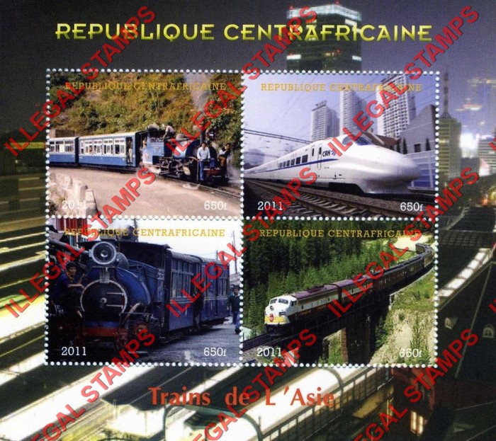 Central African Republic 2011 Trains of Asia Illegal Stamp Souvenir Sheet of 4 Central African Republic 2011 Trains of Asia Illegal Stamp Souvenir Sheet of 4