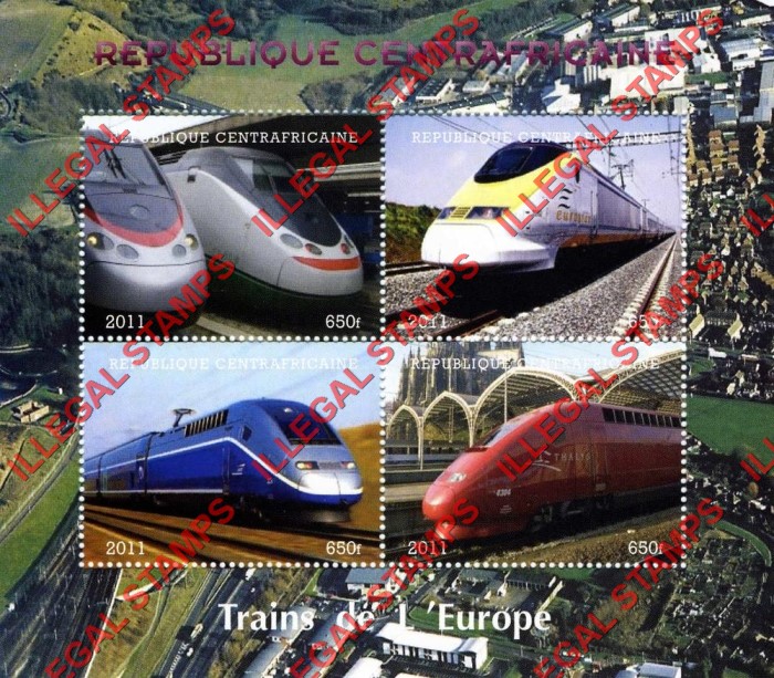 Central African Republic 2011 Trains of Europe Illegal Stamp Souvenir Sheet of 4 Central African Republic 2011 Trains of Europe Illegal Stamp Souvenir Sheet of 4
