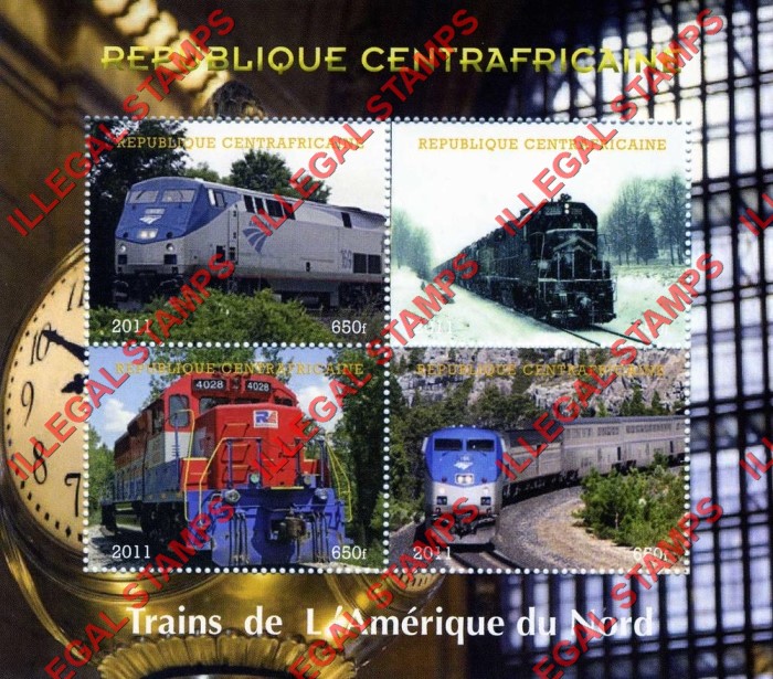 Central African Republic 2011 Trains of North America Illegal Stamp Souvenir Sheet of 4 Central African Republic 2011 Trains of North America Illegal Stamp Souvenir Sheet of 4