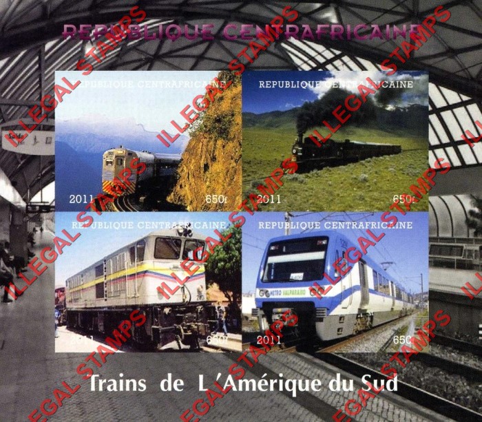 Central African Republic 2011 Trains of South America Illegal Stamp Souvenir Sheet of 4 Central African Republic 2011 Trains of South America Illegal Stamp Souvenir Sheet of 4