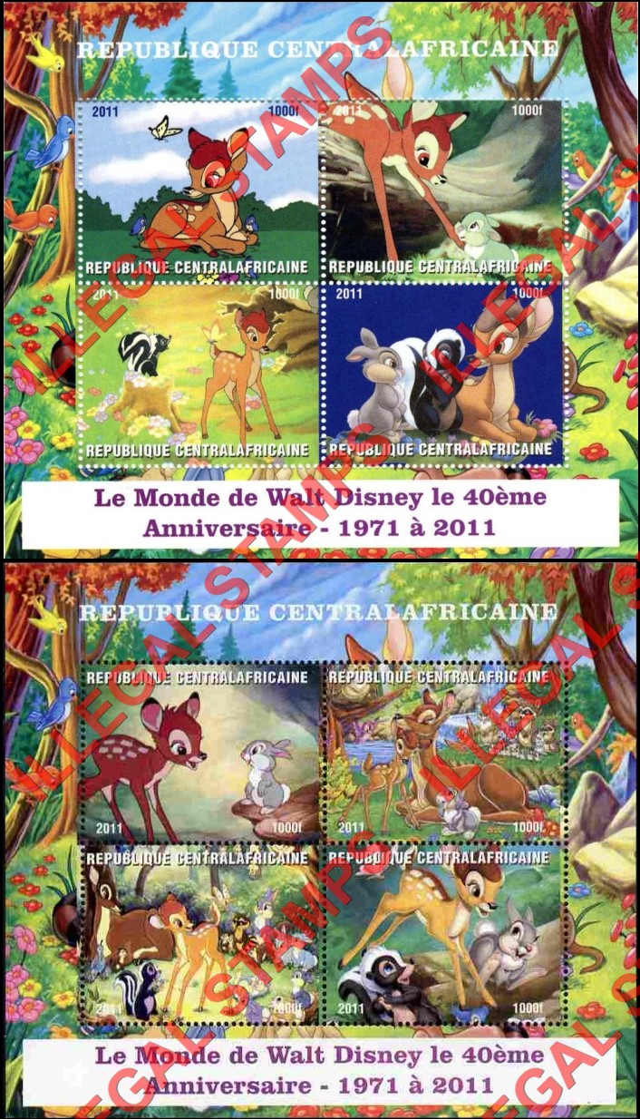 Central African Republic 2011 World of Disney Bambi Illegal Stamp Souvenir Sheets of 4 Central African Republic 2011 World of Disney Bambi Illegal Stamp Souvenir Sheets of 4