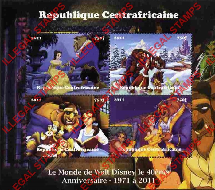 Central African Republic 2011 World of Disney Beauty and the Beast Illegal Stamp Souvenir Sheet of 4 Central African Republic 2011 World of Disney Beauty and the Beast Illegal Stamp Souvenir Sheet of 4