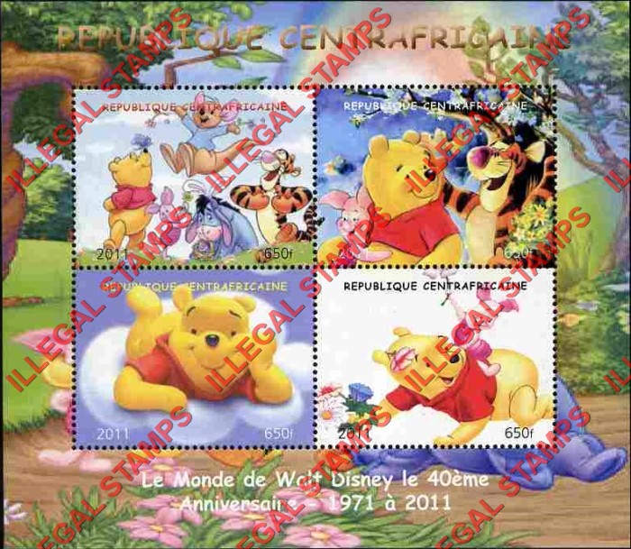 Central African Republic 2011 World of Disney Winnie the Pooh Illegal Stamp Souvenir Sheet of 4 Central African Republic 2011 World of Disney Winnie the Pooh Illegal Stamp Souvenir Sheet of 4