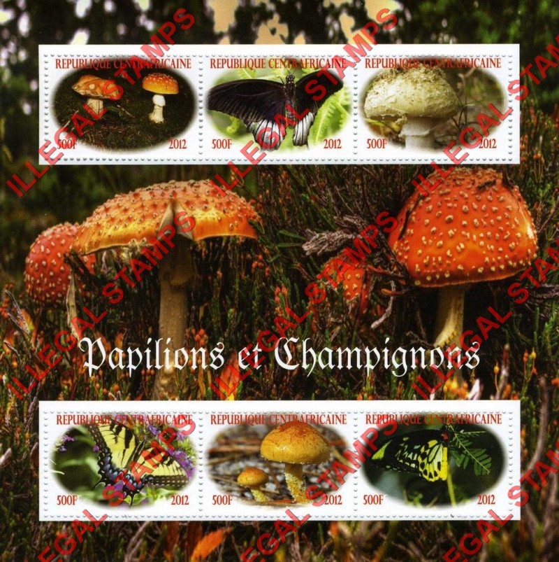 Central African Republic 2012 Butterflies and Mushrooms Illegal Stamp Souvenir Sheet of 6 Central African Republic 2012 Butterflies and Mushrooms Illegal Stamp Souvenir Sheet of 6
