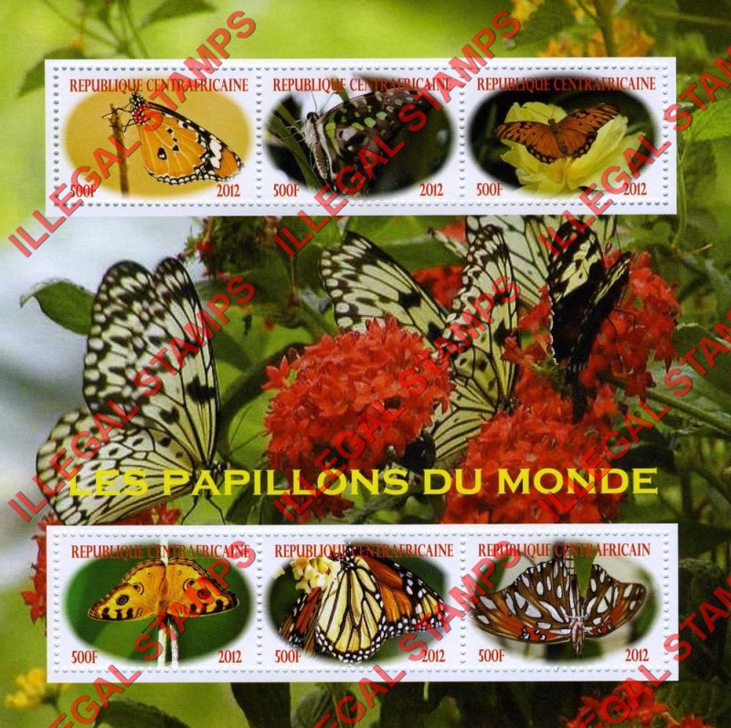 Central African Republic 2012 Butterflies of the World Illegal Stamp Souvenir Sheet of 6 Central African Republic 2012 Butterflies of the World Illegal Stamp Souvenir Sheet of 6