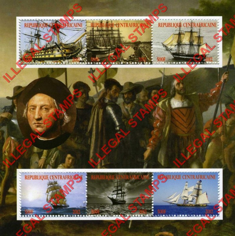 Central African Republic 2012 Christopher Columbus Sailing Ships Illegal Stamp Souvenir Sheet of 6 Central African Republic 2012 Christopher Columbus Sailing Ships Illegal Stamp Souvenir Sheet of 6