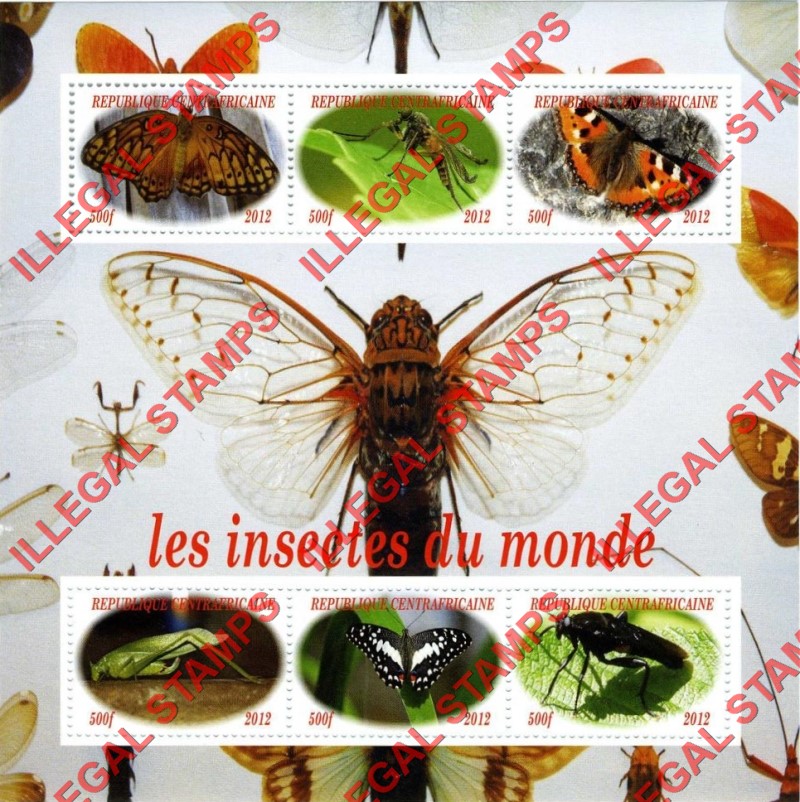 Central African Republic 2012 Insects of the World Illegal Stamp Souvenir Sheet of 6 Central African Republic 2012 Insects of the World Illegal Stamp Souvenir Sheet of 6