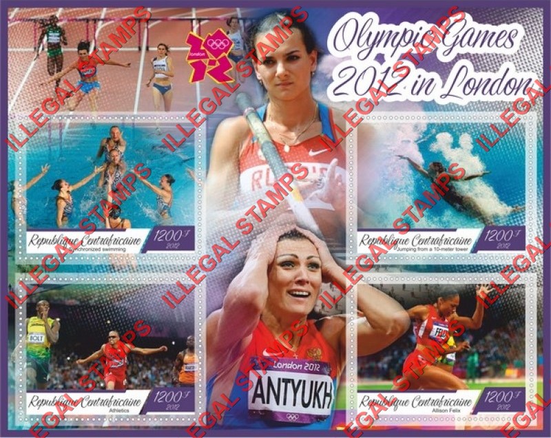 Central African Republic 2012 Olympic Games in London Illegal Stamp Souvenir Sheet of 4 Central African Republic 2012 Olympic Games in London Illegal Stamp Souvenir Sheet of 4