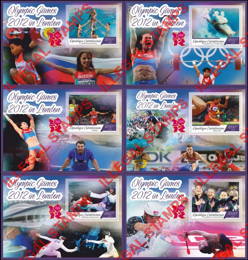 Central African Republic 2012 Olympic Games in London Illegal Stamp Souvenir Sheets of 1 Central African Republic 2012 Olympic Games in London Illegal Stamp Souvenir Sheets of 1