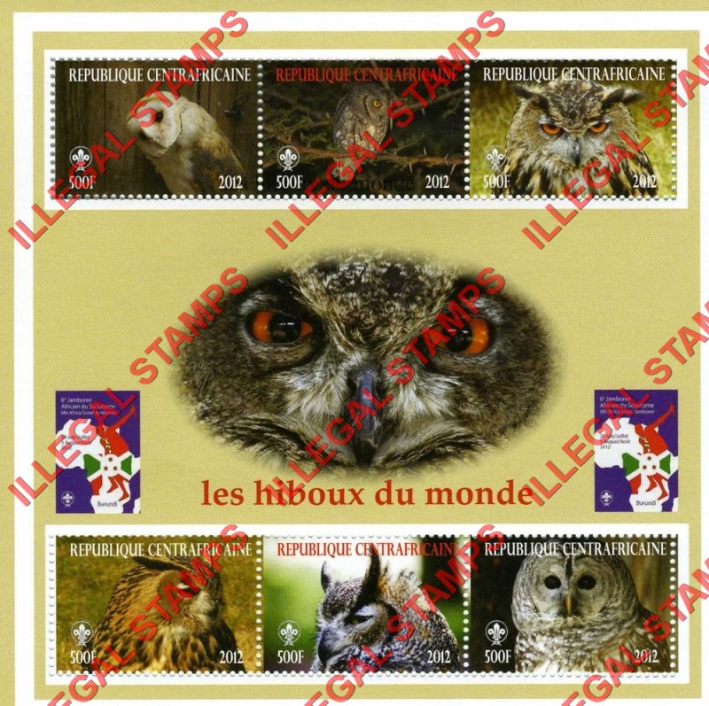 Central African Republic 2012 Owls of the World Illegal Stamp Souvenir Sheet of 6 Central African Republic 2012 Owls of the World Illegal Stamp Souvenir Sheet of 6
