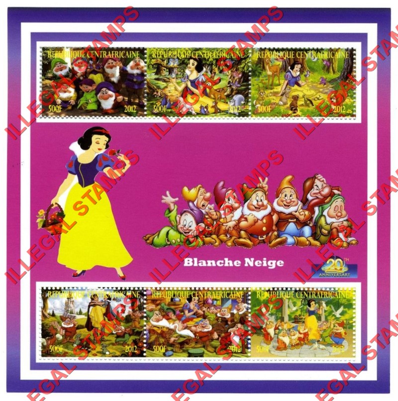 Central African Republic 2012 Snow White Illegal Stamp Souvenir Sheet of 6 Central African Republic 2012 Snow White Illegal Stamp Souvenir Sheet of 6