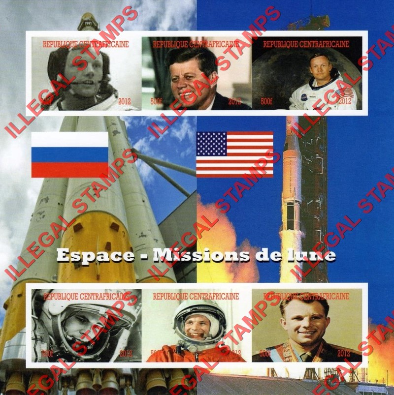 Central African Republic 2012 Space Missions to the Moon Illegal Stamp Souvenir Sheet of 6 Central African Republic 2012 Space Missions to the Moon Illegal Stamp Souvenir Sheet of 6