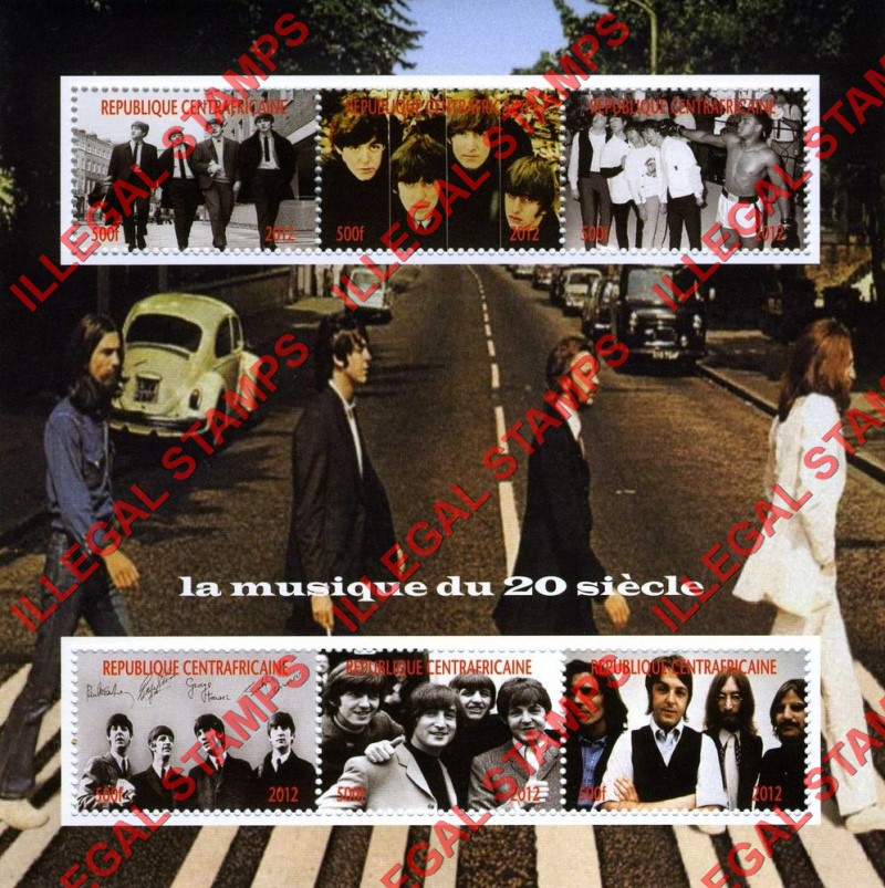 Central African Republic 2012 The Beatles Illegal Stamp Souvenir Sheet of 6 Central African Republic 2012 The Beatles Illegal Stamp Souvenir Sheet of 6