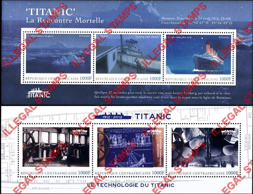 Central African Republic 2012 Titanic Illegal Stamp Souvenir Sheets of 3 Central African Republic 2012 Titanic Illegal Stamp Souvenir Sheets of 3