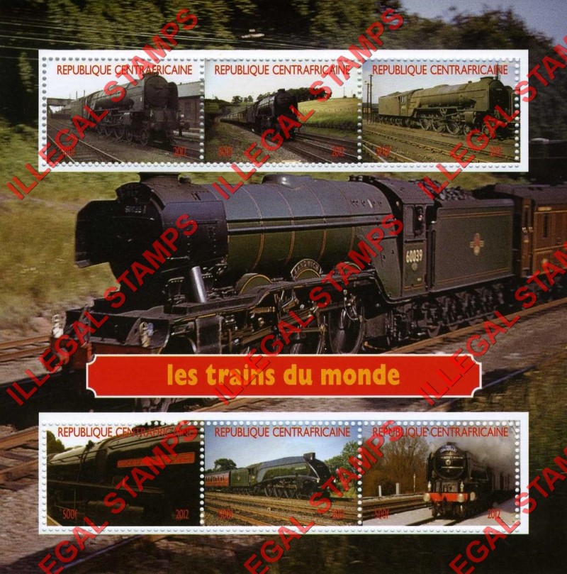 Central African Republic 2012 Trains of the World Illegal Stamp Souvenir Sheet of 6 (Sheet 2) Central African Republic 2012 Trains of the World Illegal Stamp Souvenir Sheet of 6 (Sheet 2)