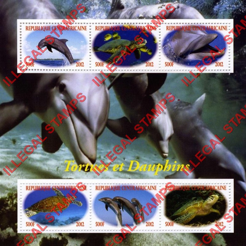 Central African Republic 2012 Turtles and Dolphins Illegal Stamp Souvenir Sheet of 6 Central African Republic 2012 Turtles and Dolphins Illegal Stamp Souvenir Sheet of 6