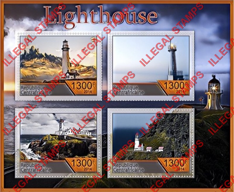 Central African Republic 2014 Lighthouses Illegal Stamp Souvenir Sheet of 4 Central African Republic 2014 Lighthouses Illegal Stamp Souvenir Sheet of 4