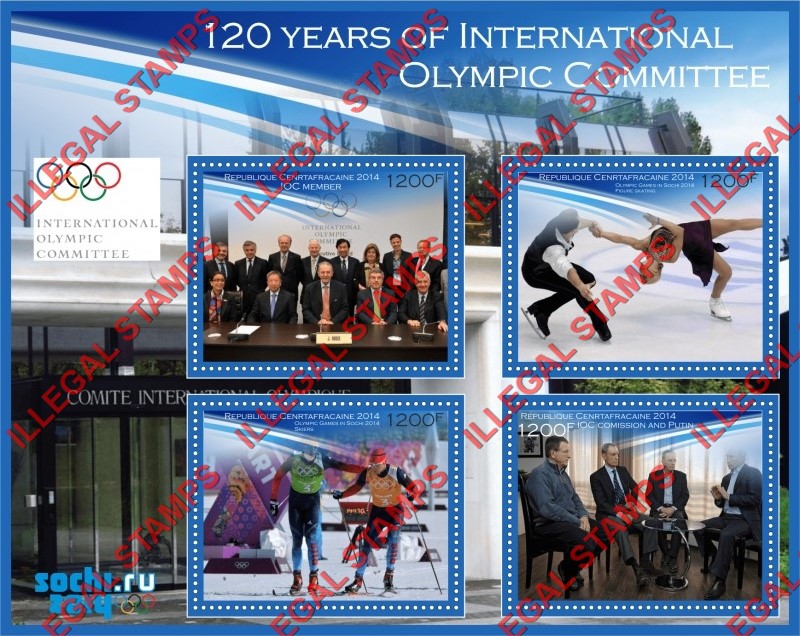 Central African Republic 2014 Olympic Games in Sochi the Olympic Committee Illegal Stamp Souvenir Sheet of 4 Central African Republic 2014 Olympic Games in Sochi the Olympic Committee Illegal Stamp Souvenir Sheet of 4