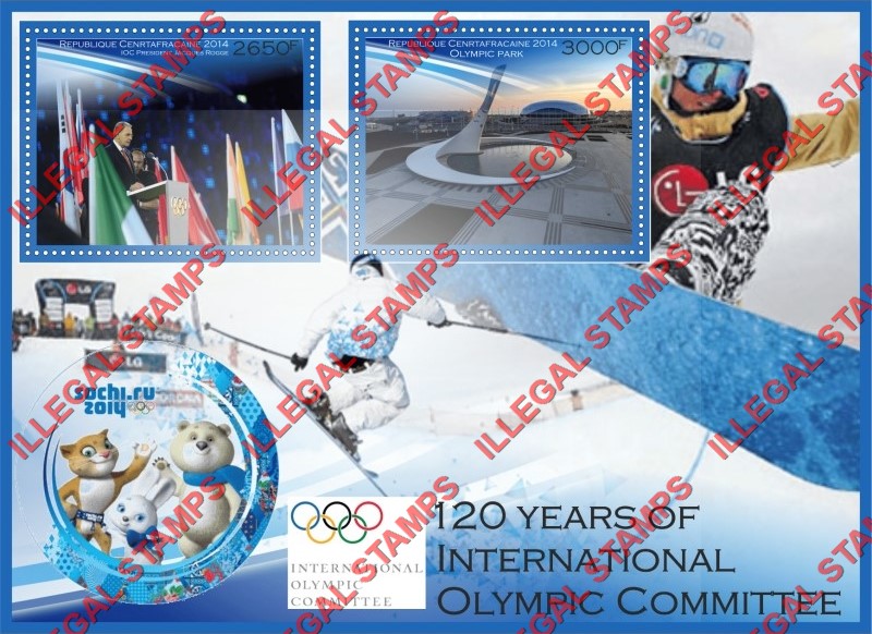 Central African Republic 2014 Olympic Games in Sochi the Olympic Committee Illegal Stamp Souvenir Sheet of 2 Central African Republic 2014 Olympic Games in Sochi the Olympic Committee Illegal Stamp Souvenir Sheet of 2