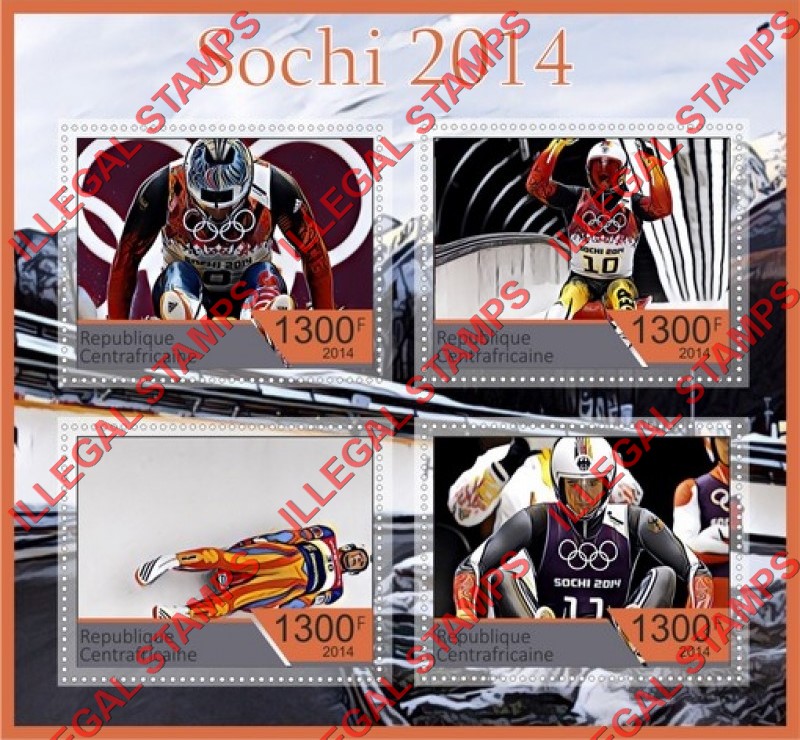 Central African Republic 2014 Olympic Games in Sochi Luge Illegal Stamp Souvenir Sheet of 4 Central African Republic 2014 Olympic Games in Sochi Luge Illegal Stamp Souvenir Sheet of 4