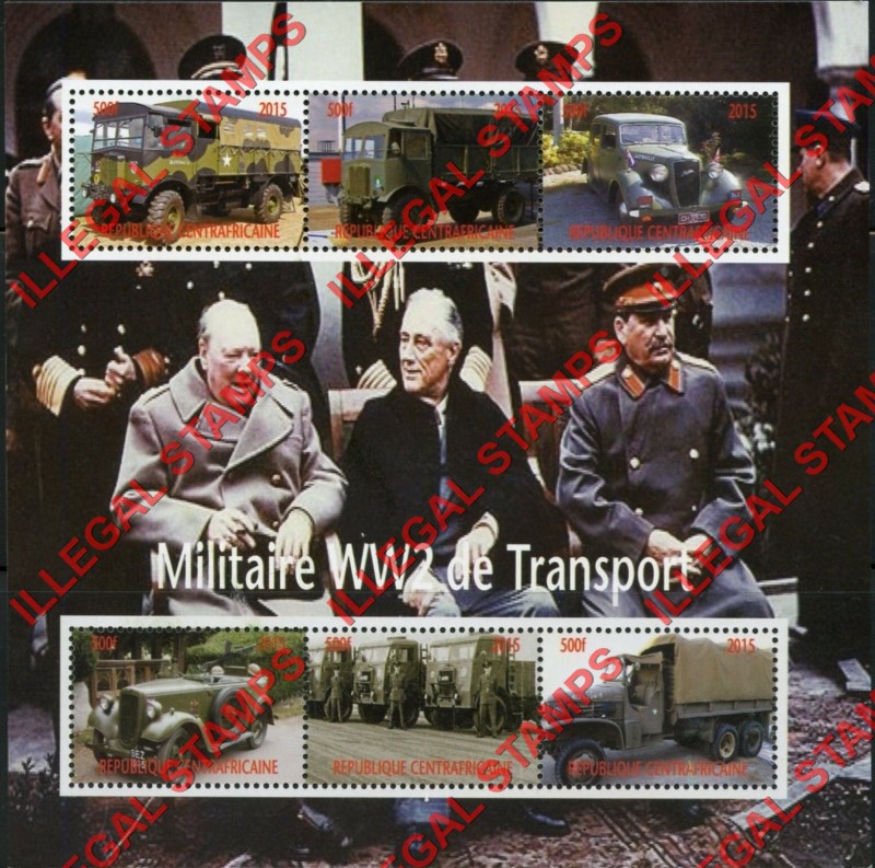 Central African Republic 2015 Allies Military Transport in World War II Illegal Stamp Souvenir Sheet of 6 Central African Republic 2015 Allies Military Transport in World War II Illegal Stamp Souvenir Sheet of 6