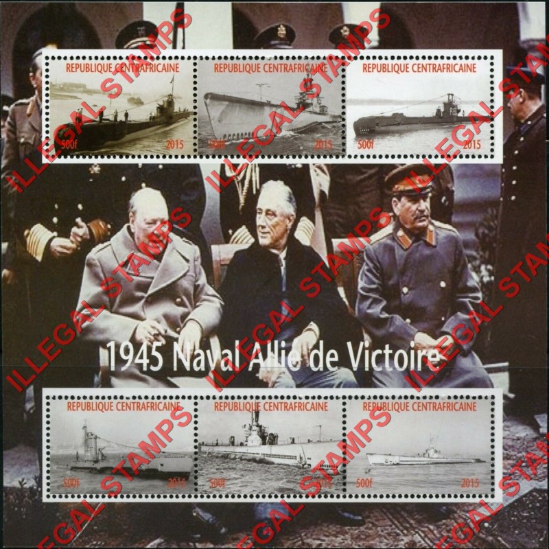 Central African Republic 2015 Allies Naval Submarines in World War II Illegal Stamp Souvenir Sheet of 6 Central African Republic 2015 Allies Naval Submarines in World War II Illegal Stamp Souvenir Sheet of 6