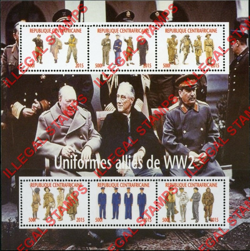 Central African Republic 2015 Allies Uniforms in World War II Illegal Stamp Souvenir Sheet of 6 Central African Republic 2015 Allies Uniforms in World War II Illegal Stamp Souvenir Sheet of 6