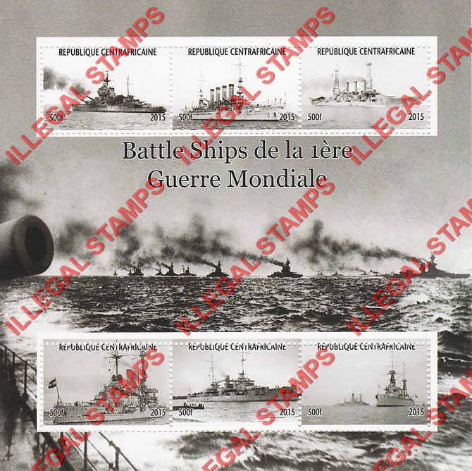 Central African Republic 2015 Battle Ships of World War I Illegal Stamp Souvenir Sheet of 6 Central African Republic 2015 Battle Ships of World War I Illegal Stamp Souvenir Sheet of 6