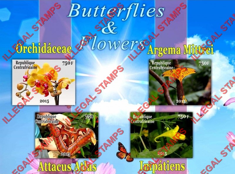 Central African Republic 2015 Butterflies and Flowers Illegal Stamp Souvenir Sheet of 4 Central African Republic 2015 Butterflies and Flowers Illegal Stamp Souvenir Sheet of 4