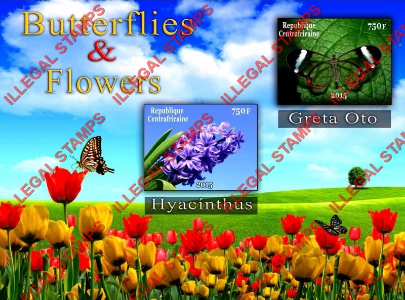 Central African Republic 2015 Butterflies and Flowers Illegal Stamp Souvenir Sheet of 2 Central African Republic 2015 Butterflies and Flowers Illegal Stamp Souvenir Sheet of 2