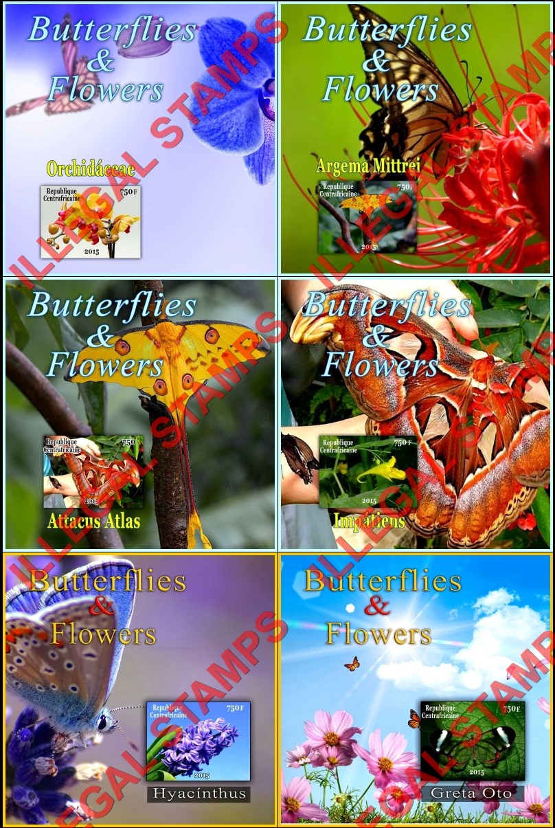 Central African Republic 2015 Butterflies and Flowers Illegal Stamp Souvenir Sheets of 1 Central African Republic 2015 Butterflies and Flowers Illegal Stamp Souvenir Sheets of 1