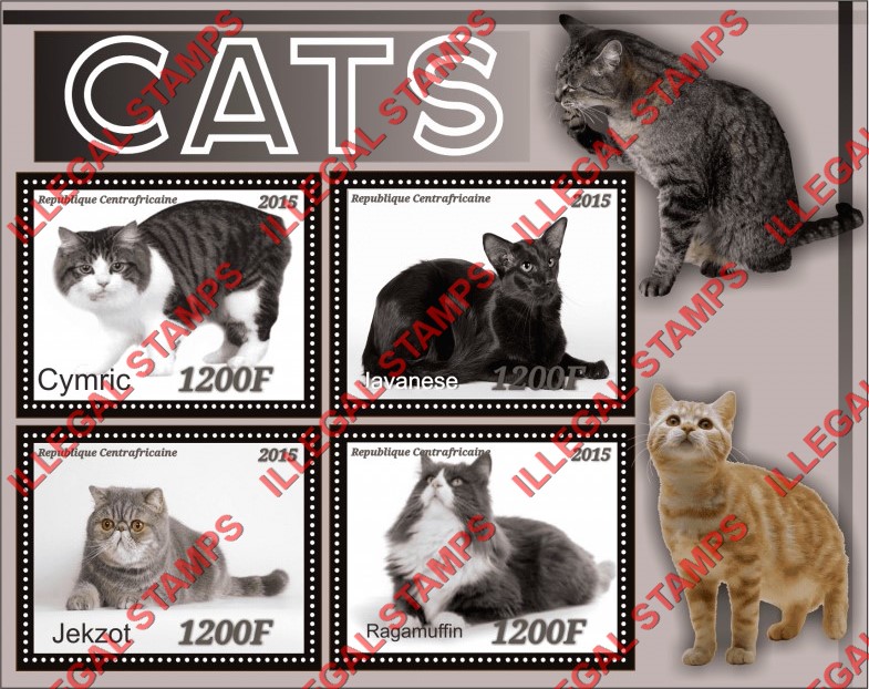 Central African Republic 2015 Cats (different) Illegal Stamp Souvenir Sheet of 4 Central African Republic 2015 Cats (different) Illegal Stamp Souvenir Sheet of 4