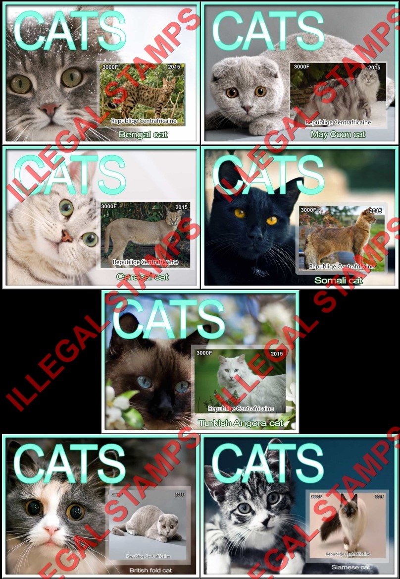 Central African Republic 2015 Cats Illegal Stamp Souvenir Sheets of 1 Central African Republic 2015 Cats Illegal Stamp Souvenir Sheets of 1