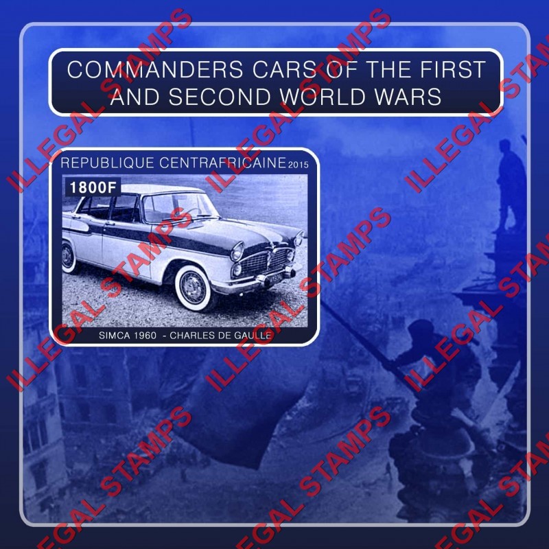 Central African Republic 2015 Commanders Cars of the First and Second World Wars Illegal Stamp Souvenir Sheet of 1 Central African Republic 2015 Commanders Cars of the First and Second World Wars Illegal Stamp Souvenir Sheet of 1
