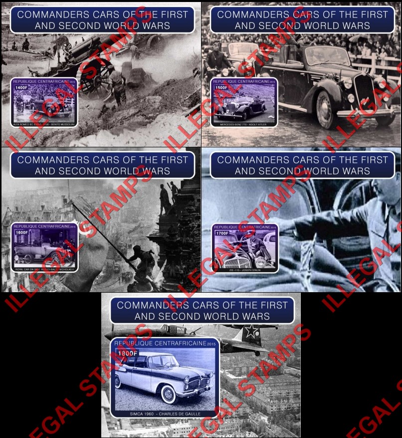 Central African Republic 2015 Commanders Cars of the First and Second World Wars Illegal Stamp Souvenir Sheets of 1 Central African Republic 2015 Commanders Cars of the First and Second World Wars Illegal Stamp Souvenir Sheets of 1