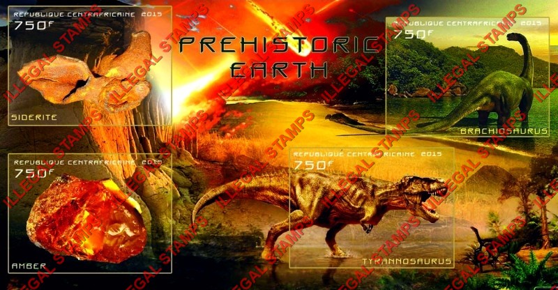 Central African Republic 2015 Dinosaurs and Minerals Prehistoric Earth Illegal Stamp Souvenir Sheet of 4 Central African Republic 2015 Dinosaurs and Minerals Prehistoric Earth Illegal Stamp Souvenir Sheet of 4