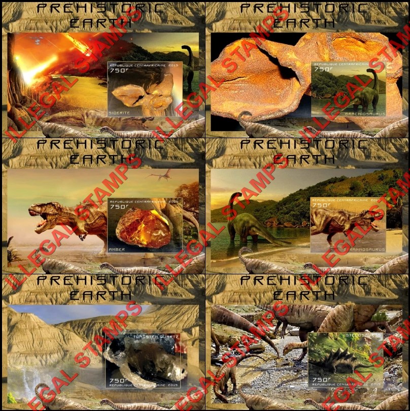 Central African Republic 2015 Dinosaurs and Minerals Prehistoric Earth Illegal Stamp Souvenir Sheets of 1 Central African Republic 2015 Dinosaurs and Minerals Prehistoric Earth Illegal Stamp Souvenir Sheets of 1