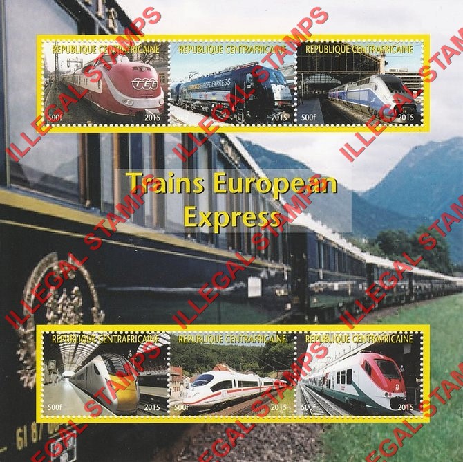 Central African Republic 2015 Express Trains of Europe Illegal Stamp Souvenir Sheet of 6 (Sheet 1) Central African Republic 2015 Express Trains of Europe Illegal Stamp Souvenir Sheet of 6 (Sheet 1)