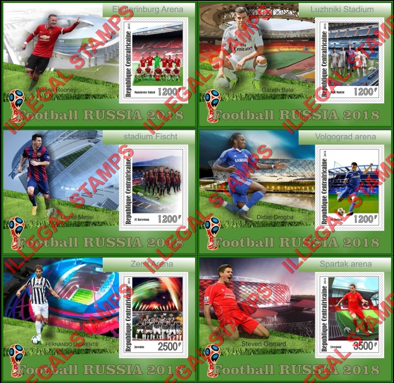 Central African Republic 2015 FIFA World Cup Soccer in Russia in 2018 Illegal Stamp Souvenir Sheets of 1 Central African Republic 2015 FIFA World Cup Soccer in Russia in 2018 Illegal Stamp Souvenir Sheets of 1