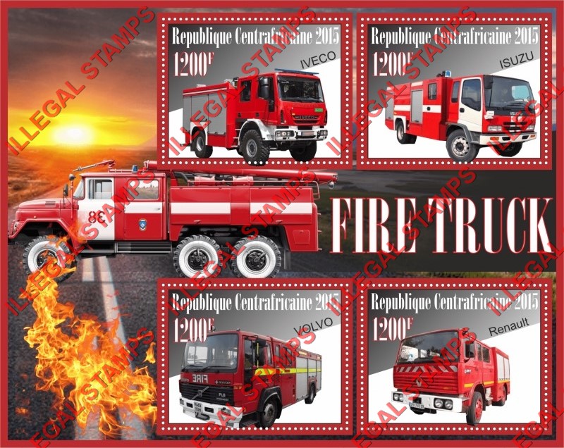 Central African Republic 2015 Fire Trucks Illegal Stamp Souvenir Sheet of 4 Central African Republic 2015 Fire Trucks Illegal Stamp Souvenir Sheet of 4