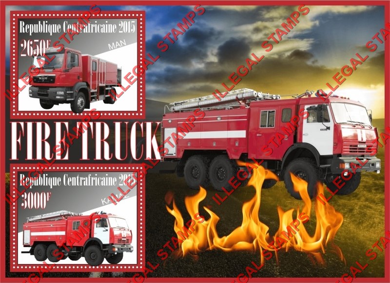 Central African Republic 2015 Fire Trucks Illegal Stamp Souvenir Sheet of 2 Central African Republic 2015 Fire Trucks Illegal Stamp Souvenir Sheet of 2