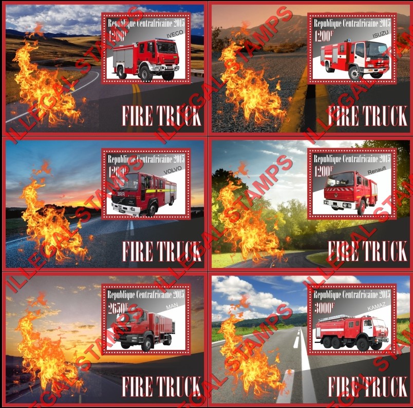 Central African Republic 2015 Fire Trucks Illegal Stamp Souvenir Sheets of 1 Central African Republic 2015 Fire Trucks Illegal Stamp Souvenir Sheets of 1