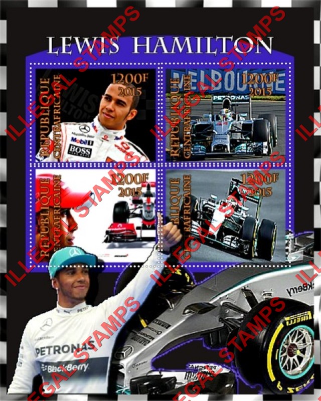 Central African Republic 2015 Formula 1 Lewis Hamilton Illegal Stamp Souvenir Sheet of 4 Central African Republic 2015 Formula 1 Lewis Hamilton Illegal Stamp Souvenir Sheet of 4