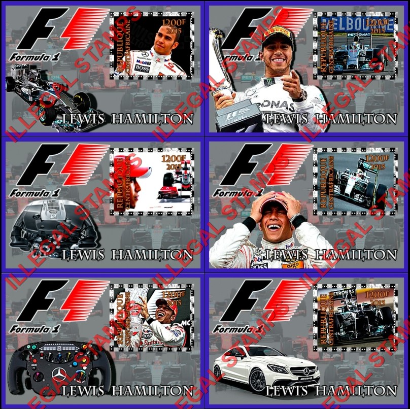 Central African Republic 2015 Formula 1 Lewis Hamilton Illegal Stamp Souvenir Sheets of 1 Central African Republic 2015 Formula 1 Lewis Hamilton Illegal Stamp Souvenir Sheets of 1