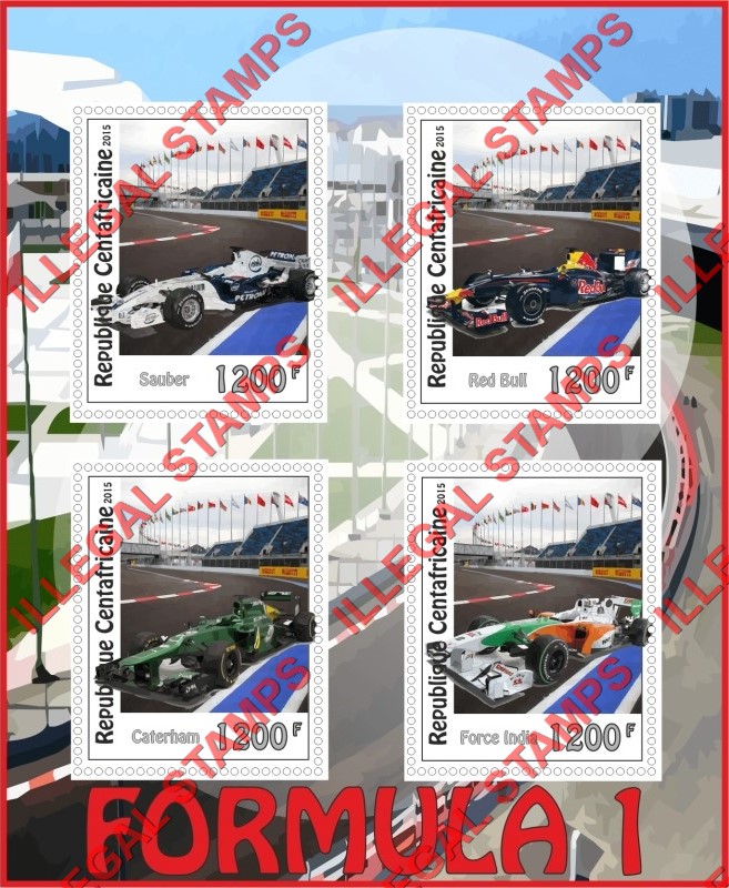 Central African Republic 2015 Formula 1 Cars and Drivers Illegal Stamp Souvenir Sheet of 4 Central African Republic 2015 Formula 1 Cars and Drivers Illegal Stamp Souvenir Sheet of 4