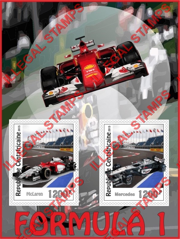 Central African Republic 2015 Formula 1 Cars and Drivers Illegal Stamp Souvenir Sheet of 2 Central African Republic 2015 Formula 1 Cars and Drivers Illegal Stamp Souvenir Sheet of 2
